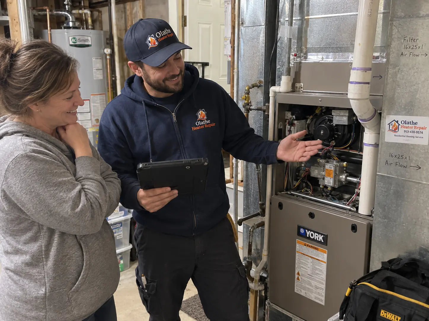 Technician reviewing findings on a tablet beside an open York furnace with a homeowner
